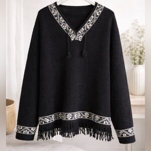 Elegant Alpaca Black and White V-Neck Sweater